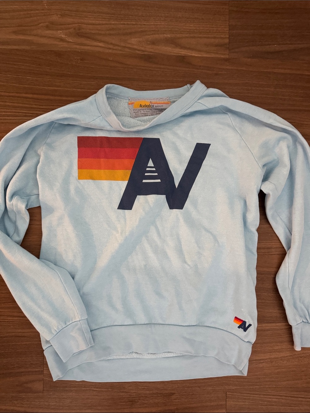 Aviator Nation Light Blue Crewneck with Navy Logo & Sunset Stripe